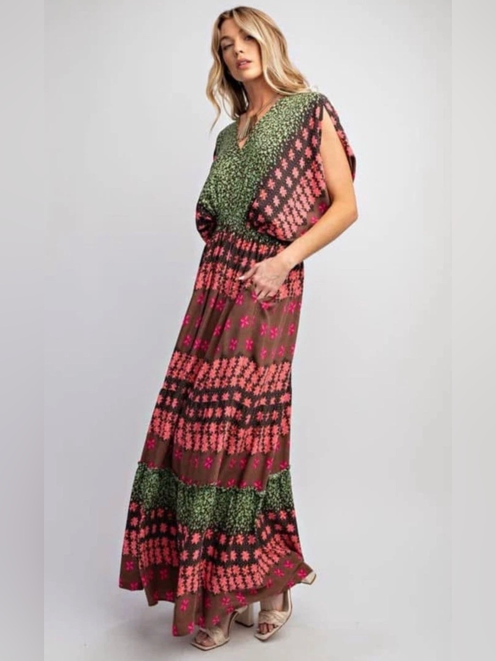 Talulah Boho Peasant Rayon Floral Geometric Maxi Dress L Flutter Sleeve V Neck